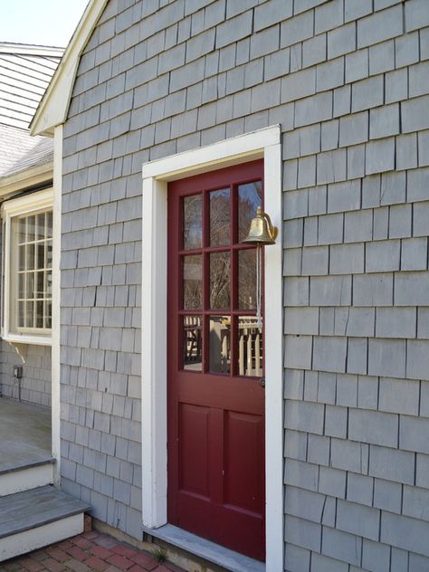 Grey House & Door Grey House Exterior, Red Door House, Red Barn Door, Front Door Color, Red Doors, Gray House Exterior, Cedar Shakes, Grey House, Cottage Exterior