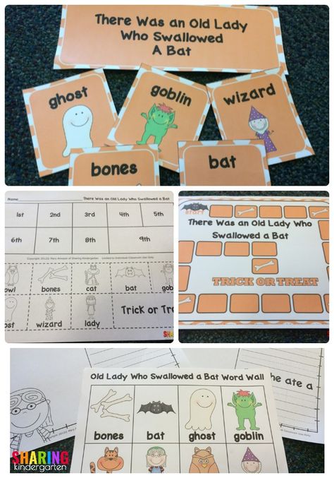 There Was an Old Lady Who Swallowed a Bat printable kindergarten lesson plan pack perfect for Halloween theme There Was An Old Lady Who Swallowed A Bat Activities, There Was An Old Lady Who Swallowed Bat Free Printables, There Was An Old Lady Who Swallowed Bat, Montessori Halloween, Halloween Literacy Activities, Bats Activities, Reading Comprehension Games, Bat Printable, Halloween Literacy