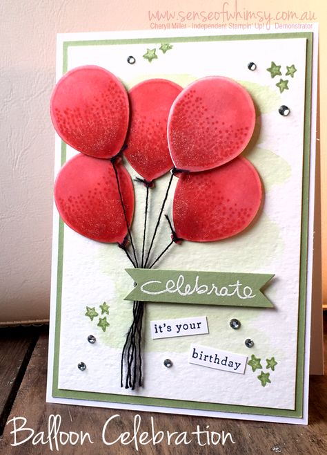 Birthday card using Stampin Up Balloon Celebration 2016 occasions Catalogue Cards With Balloons Birthday, Balloon Birthday Cards Handmade, Stampin Up Balloon Celebration, Balloon Birthday Card, Balloon Cards, Birthday Free, Stampin Up Birthday Cards, Ballon Party, Celebration Balloons