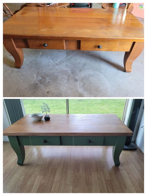 Olive Green Coffee Table, Dark Green Coffee Table, Sage Green Coffee Table, Upcycle Coffee Table, Upcycled Coffee Table Ideas, Two Toned Coffee Table, Coffee Table Flip, Wood Coffee Table Makeover, Round Coffee Table Diy