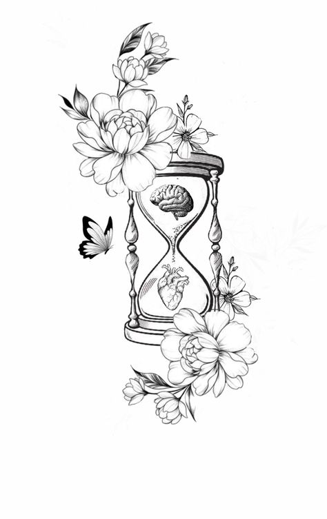 Hourglass Arm Tattoo, Time Glass Drawing, Space Filling Tattoos, Women Clock Tattoo, Women’s Half Sleeve Tattoo Designs, Hourglass Tattoo Drawing, Hour Glass Tattoo Ideas Unique, Sand Timer Tattoo, Time Heals Tattoo