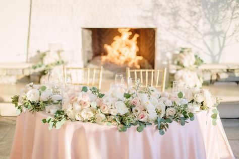 Sweetheart Table With Bridesmaid Bouquets, Bridesmaid Bouquet Sweetheart Table, Bridesmaids Bouquets On Sweetheart Table, Blush Sweetheart Table, Wedding Flower Arrangements Table, Wedding Flower Table Decorations, Gold Votives, Wedding Table Pink, Flower Table Decorations