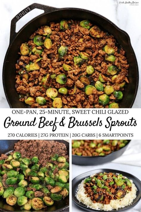 If you're a fan of simple low calorie meals, you'll love this sweet chili ground beef and brussels sprouts skillet. You'll only need 4 ingredients (not counting spices) and one pan! Simple Low Calorie Meals, Chili Ground Beef, Low Calorie Meals, Ground Beef Chili, Healthy Ground Beef, Ground Beef Recipes Healthy, Easy Chicken Thigh Recipes, Low Calorie Dinners, Chicken Thigh Recipes Oven