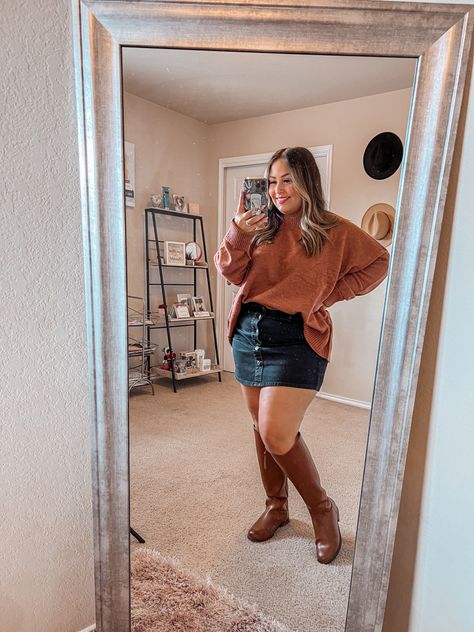 Fall outfit inspo, burnt orange sweater with short black skirt and knee high brown horse rider boots Pear Shape Winter Outfits Plus Size, Skirt And Sweater Outfit Plus Size, Fall Skirt Outfits Plus Size, Plus Size Fall Outfit Ideas Big Stomach, Friendsgiving Outfit Ideas Plus Size, Plus Size Fall Photo Outfits, Thanksgiving Outfits Women Plus Size, Pear Shape Outfit Ideas, Thanksgiving Outfits Plus Size