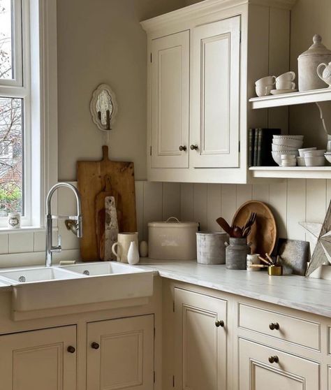 Slipper Satin Kitchen, Satin Kitchen Cabinets, Slipper Satin Farrow And Ball, Farrow And Ball Kitchen, Off White Kitchen Cabinets, Cabinetry Kitchen, Basement Kitchenette, Modern Organic Home, Off White Kitchens