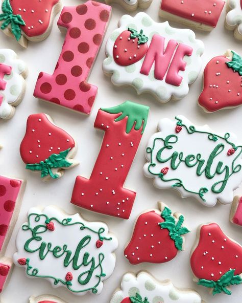 First Birthday Strawberry Cookies, Berry Sweet One First Birthday Cookies, Sweet One Strawberry First Birthday Cookies, Strawberry Cookie Decorating, Strawberry Themed 1st Birthday Cookies, Berry Sweet 1st Birthday Cookies, Strawberry Party Cookies, Berry Sweet One Cookies, Strawberry Theme Sugar Cookies