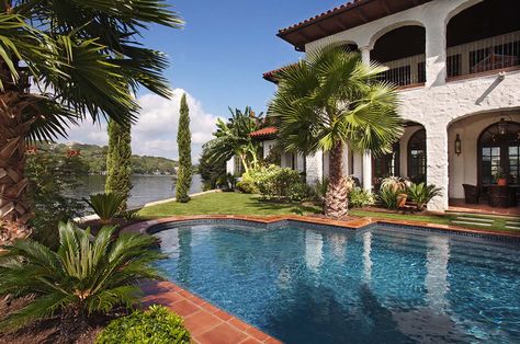 Exquisite Mediterranean style residence on Lake Austin, Texas Spanish Pool, Mediterranean Pool, Landscaping Around House, Backyard Getaway, Hacienda Style Homes, Lake Austin, Hacienda Style, Mediterranean Home, Spanish House