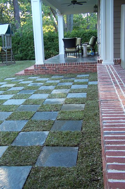 TARA DILLARD European Backyard, Easy Landscapes, Grass Driveway, Patio Oasis, Grass Pavers, Pavers Diy, Front Yards Curb Appeal, Bluestone Patio, Backyard Gazebo