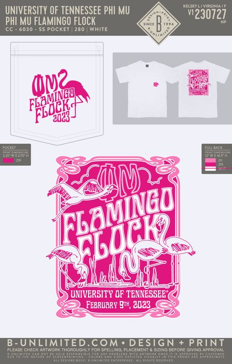 White pocket tee with a pink flamingo design on the back of the shirt Phi Mu Shirts Design, Phi Mu Shirts, Sigma Chi, Sorority Events, Sorority Shirt, Real Monsters, Merch Ideas, Alpha Chi Omega, Alpha Chi