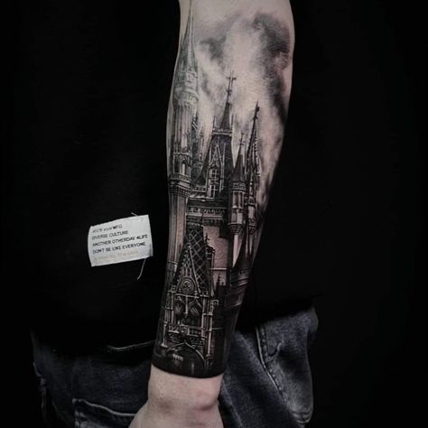 Castle Forearm Tattoo, Dark Castle Tattoo Design, Medieval Castle Tattoo, Draculas Castle Tattoo, Cologne Cathedral Tattoo, Cathedral Back Tattoo, Big Forearm Tattoo, Cathedral Tattoo Design, Gothic Church Tattoo