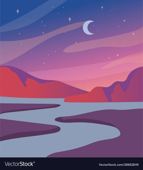 Vector illustration river, mountains starry sky and moon. Adobe Illustrator Scenery, Landscape Illustration Minimalist, Vector Landscape Illustration, Moon Abstract Art, Landscape Illustration Art, Krita Tutorial, River Illustration, Vector Landscape, Moon Landscape