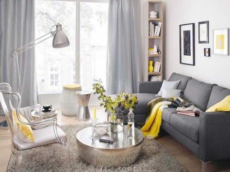 dark grey sofa, dove grey curtains, yellow textiles and a vase Yellow Gray Room, Grey And Yellow Living Room, Small Modern Living Room, Furnitur Ruang Keluarga, Grey Couch, Living Room Decor Gray, Small Living Room Design, Yellow Living Room, Casa Vintage