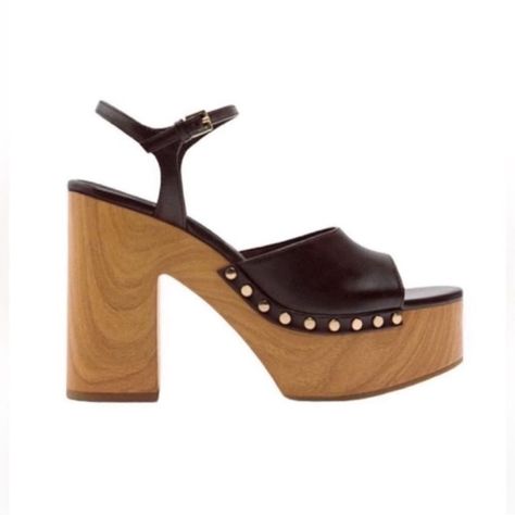 Zara Brown Chunky Thick Heel Sandals With Wood Effect Platform. Wide Front Strap And Side Stud Detail. Buckled Strap Closure At Ankle.Nwt Chunky Heel Platform Sandals, Cream Sandals, Fabric Sandals, Zara Sandals, Rope Sandals, Pearl Sandals, Strappy Platform Sandals, Zara Heels, Rhinestone Flats