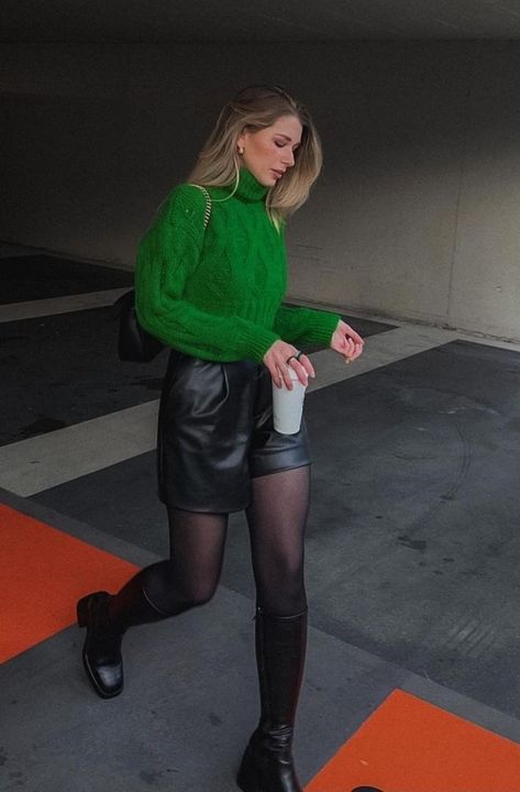 Model Poses Photography, Green Sweater, Model Poses, Photography Poses, Dress Skirt, Leather Skirt, Winter Outfits, Winter Fashion, Dress Outfits