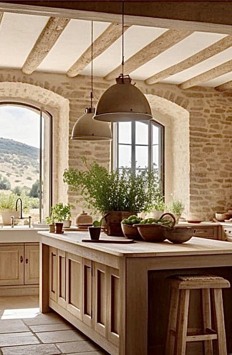 Modern Country Style Kitchen, Contemporary Country Kitchen, Barndo Kitchens, Kitchen Stone Wall, Modern European Farmhouse, Rock Kitchen, Kitchen Keeping Room, Stone Kitchen Island, European Kitchen Design