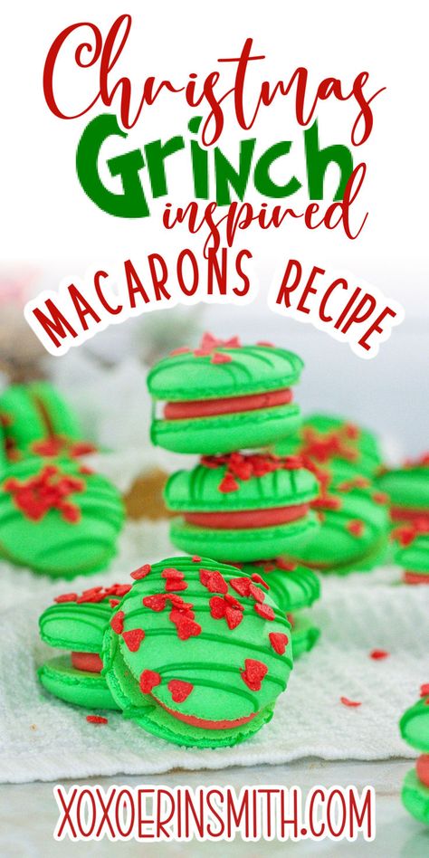 green Grinch inspired macarons sprinkled with little red hearts and title Christmas grinch inspired macarons recipe Macarons Christmas, Macarons Recipe Easy, Christmas Macarons, Macarons Recipe, Grinch Cookies, Ganache Filling, Christmas Desserts Easy, Themed Desserts, Macaron Recipe