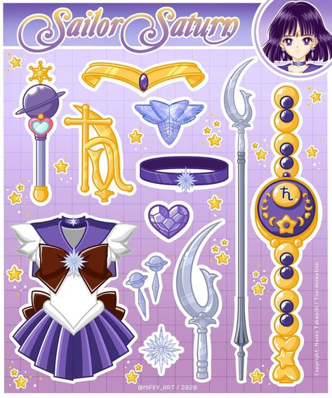 Mifey (mee•fay) on Instagram: “Sailor Saturn Accessories Sticker Sheet 14/15 💜💜💜 Almost done with the Sticker Sheets design! What do you think will be the last one? 🌸😅 My…” Sailor Saturn Cosplay, Saturn Symbol, Sailor Moon Party, Sailor Moon Wands, Sailor Moon Tattoo, Makoto Kino, Sailor Moon Girls, Moon Character, Arte Sailor Moon