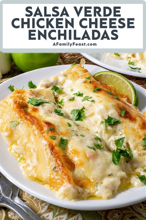 Salsa Verde Chicken Cheese Enchiladas - A Family Feast Salsa Verde Enchiladas, Rotisserie Chicken Enchiladas, Chicken Cheese Enchiladas, Salsa Verde Chicken Enchiladas, Chicken Enchiladas Verde, Green Chile Chicken Enchiladas, Creamy Salsa, Verde Chicken, Enchiladas Verdes