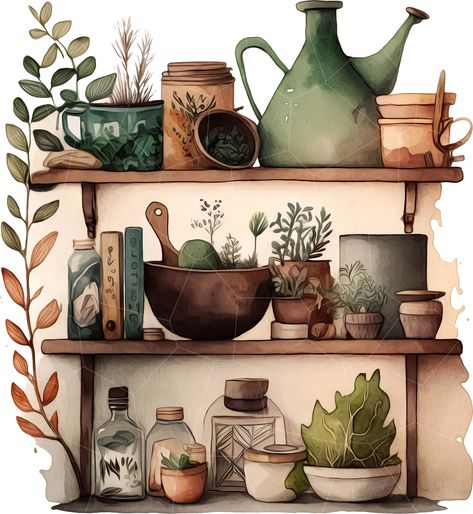 Watercolor Kitchen, Paints And Brushes, Farmhouse Storage, Deco Nature, Kitchen Shelf, Witch Aesthetic, Photo Images, Art Tools, Whimsical Art