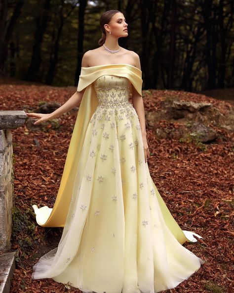 A Feminine pastel yellow color dress with flowing maxi cut made from tulle & Mikado cape. This dress is fully embroidered with scattered… | Instagram Yellow Evening Dress, Gown With Cape, Yellow Evening Dresses, Grey Evening Dresses, Champagne Evening Dress, Rich Fashion, Gold Evening Dresses, Green Evening Dress, Satin Evening Gown