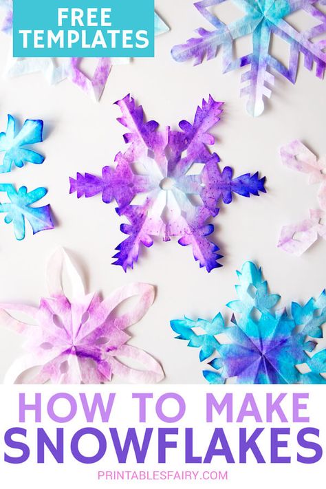 Learn how to make these colorful snowflakes using coffee filters. The perfect winter craft for kids with free printable templates and video tutorial. Snowflakes Template, Coffee Filter Snowflakes, Good Friday Crafts, Coffee Filters Snowflakes, How To Make Snowflakes, Free Printable Templates, Snowflake Template, Coffee Filter Crafts, Snowflake Craft