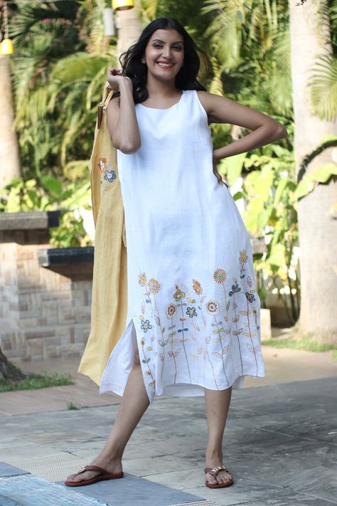 Blue Dresses For Women, White Frock, Linen Embroidery, White Embroidered Dress, Frock For Women, Linen Dress Women, Breezy Dress, Linen Color, Floral Embroidered Dress