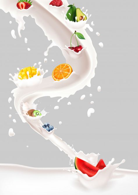 Illustration of milk splash with fruits mix Premium Vector Milk Drawing, Milk Photography, Milk Art, Fruit Splash, Milk Packaging, Milk Splash, Food Wall Art, Milk Box, Milk Magazine