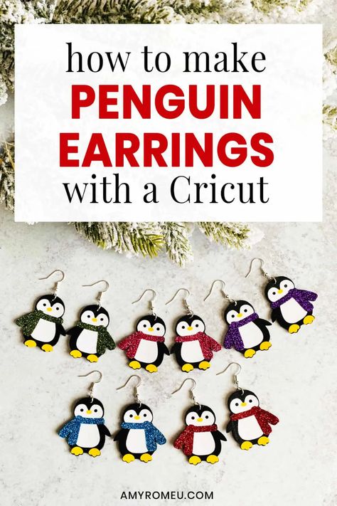 How to Make Penguin Earrings with faux leather, HTV, and a Cricut. Tutorial and SVG file available at amyromeu.com Penguin Earrings, Svg Earring, Cricut Jewelry, Cricut Earrings, Earring Template, Cricut Christmas Ideas, Cricut Stencils, Diy Leather Earrings, Cricut Explore Projects