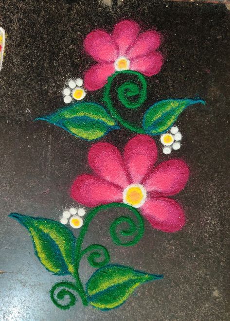 Easy and colourful flower rangoli design / daily colourful rangoli design Colourful Rangoli, Colour Rangoli, Simple Flower Rangoli, Border Rangoli, Very Easy Rangoli Designs, Balcony Gardening, Rangoli Designs Photos, Rangoli Simple, Portraits Drawing