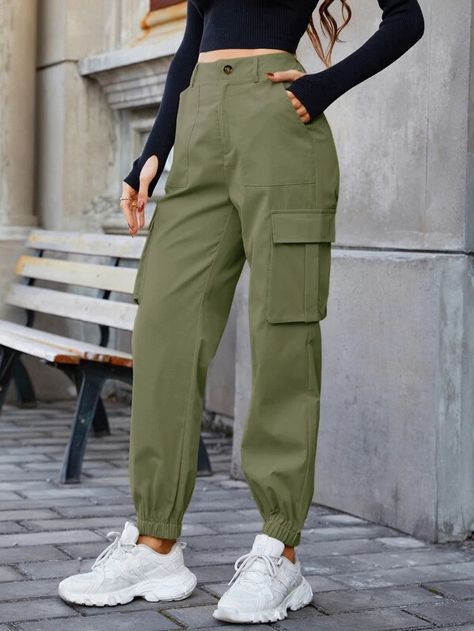 SHEIN EZwear Slant Pocket Cargo Pants | SHEIN USA Cargo Pants Professional, Khakis For Women, Cargo For Women, High Rise Cargo Pants, How To Style Cargo Pants Women Casual, Women’s Cargo Pants, Cargo Pants Crop Top Outfit, Cargo Pants Style Women, Nude Cargo Pants Outfit