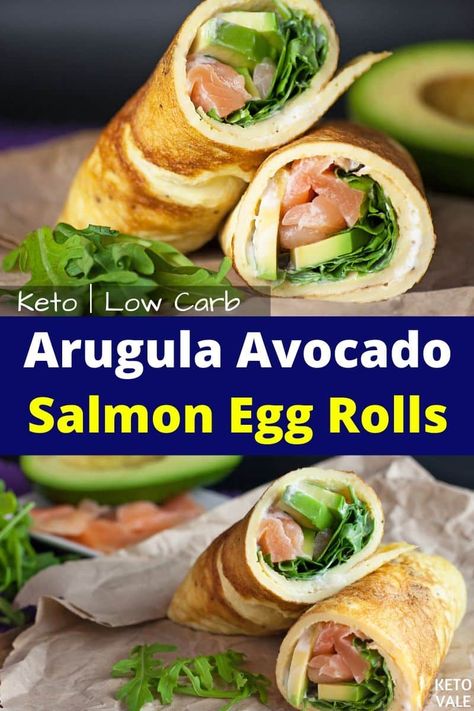 This low-carb arugula avocado salmon egg rolls recipe is very delicious, easy to prepare and works great as a breakfast, snack and even lunch. #ketoarugulasalmonegg #ketoavocadosalmoneggs #ketoeggrolls #ketosalmoneggrolls #ketoarugulaeggrolls #ketoavocadoeggrolls #ketobreakfastrolls #lowcarbbreakfastrolls #lowcarbeggrolls #lowcarbsalmoneggrolls   #ketobreakfast #ketobreakfastideas #ketobreakfastrecipes #lowcarbbreakfastideas #ketorecipes #lowcarbrecipes #ketovale Salmon Egg Rolls Recipe, Salmon Egg Rolls, Avocado Egg Rolls, Egg Rolls Recipe, Low Carb Salmon, Salmon Eggs, Breakfast Rolls, Salmon Avocado, Egg Roll Recipes