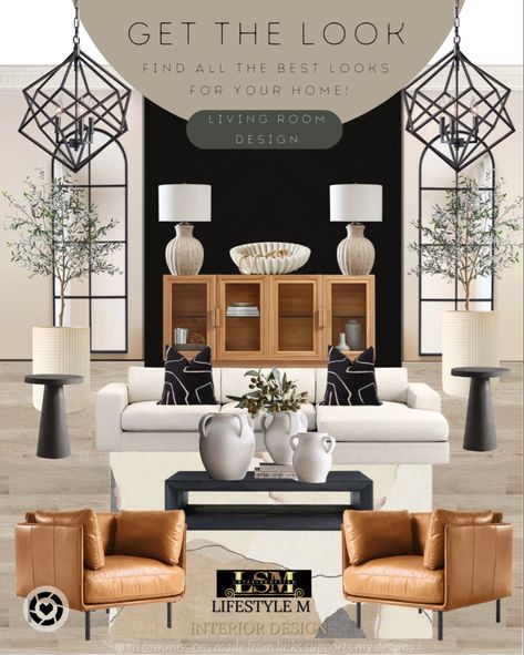 Mood board for a living room design. Black And Cream Living Room, Tan Living Room, Cream Living Rooms, Black And White Living Room, Gold Living Room, Beige Living Rooms, Sofa Beige, Black Living Room, Neutral Living Room