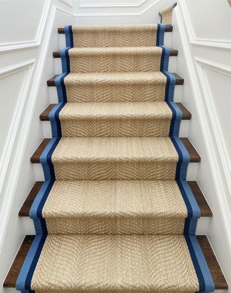 Stairs Carpet, Staircase Runner, White Stairs, Stair Makeover, Stair Carpet, Wainscoting Panels, Shore House, Cape House, Bay House