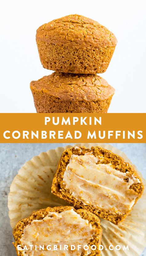 These pumpkin cornbread muffins are slightly sweet and moist from the pumpkin! They're the perfect side to a big bowl of cozy soup or chili. Dairy-free, egg-free, refined sugar free and made with whole grains. #pumpkinmuffins #eatingbirdfood Healthy Cornbread Recipe Clean Eating, Pumpkin Cornmeal Muffins, Pumpkin Cornbread Muffins, Vegan Oil Free Pumpkin Muffins, Clean Pumpkin Muffins Gluten Free, Simple Mills Pumpkin Muffins, Pumpkin Cornbread, Pumpkin Recipes Healthy, Savory Pumpkin Recipes