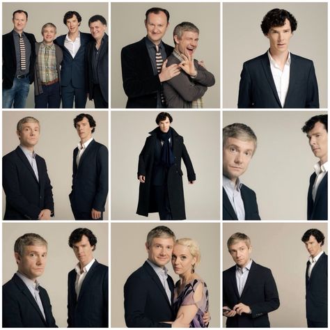 Sherlock Promo Photoshoot - shot by Robert Viglasky. My favorite is the top middle, with Martin (John) and Mark (Mycroft). Sherlock Photoshoot, Cast Photoshoot, Promo Photoshoot, Sherlock Cast, Elementary My Dear Watson, Mycroft Holmes, Benedict Sherlock, Mrs Hudson, Sherlock Holmes Bbc