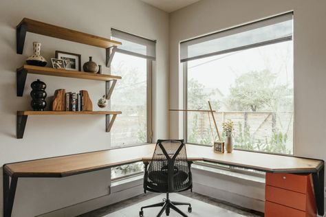 Custom Floating Office Desk with Matching Shelves by Ankor Studios at Private Residence - Austin TX, Austin | Wescover Tables Floating Office Desk, Floating Corner Desk, Window Desk, Window Table, Modern Home Offices, Floating Table, Teen Boy Room, Corner Office, Corner Window