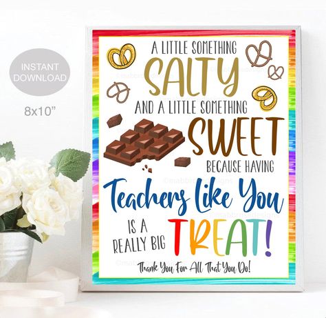 Teacher Appreciation Sign, Chocolate Pretzel Thank You Sign, Staff School Appreciation Week Something Salty Sweet Treat Thank You Printable Sweet And Salty Teacher Appreciation, Teacher Lounge Snack Ideas, Teacher Appreciation Signs, Homeroom Mom, Teacher Treats, Thank You Printable, Thank You Party, Thank You Sign, Cute Snacks