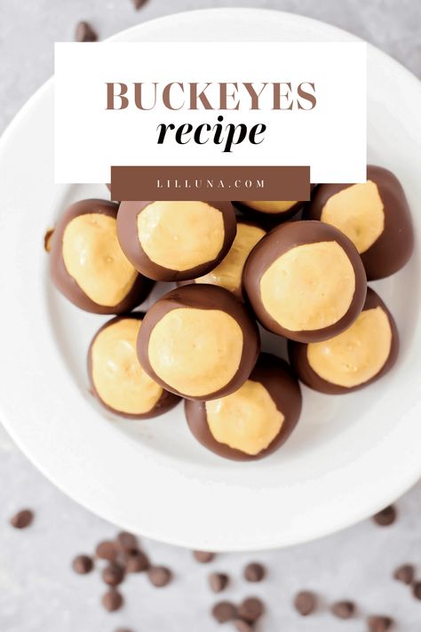 Buckeyes combine peanut butter and chocolate for a perfect bite. With only 5 ingredients they are easy and delicious! #easybuckeyes #buckeyes #chocolateandpeanutbutter #chocolate #desserts Buckeye Bites, College Recipes, Buckeyes Recipe, Peanut Butter And Chocolate, College Meals, Baking Ideas, Shortening, Holiday Baking, Candy Recipes