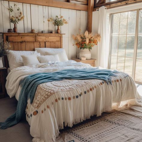 40 Boho Farmhouse Bedroom Ideas: Pastoral Charm With Boho Chic! Farmhouse Bedroom Inspirations, Southwest Farmhouse, Pink House Exterior, Boho Farmhouse Bedroom, Boho Cabin, Bnb Ideas, Farmhouse Bedroom Ideas, Comfy Bedroom, Feels Like Home