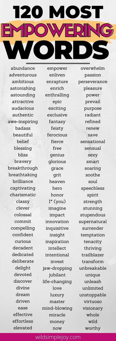 Here's an excellent list of 120 words to help you find self-confidence, empowerment, and live your best life. Use them in writing, business, or just for powerful words inspiration. Epic Words, Power Words Inspiration, Powerful Words For Women, Powerful Words List, Words Inspiration, Writing Business, Words List, Essay Writing Skills, Writing Motivation