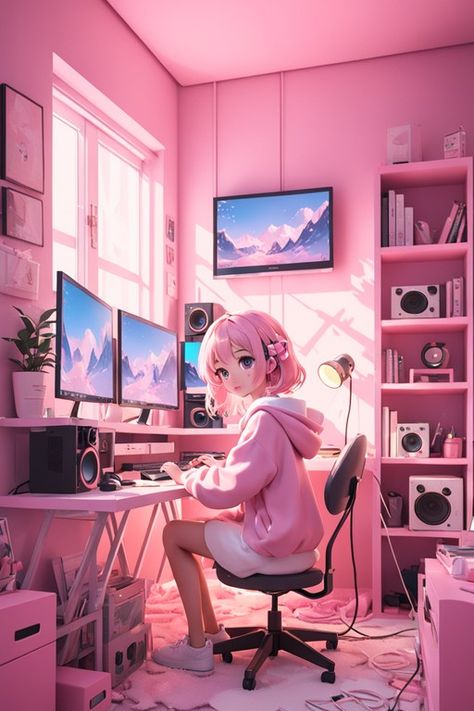 Gamer Girl Wallpaper, Gaming Girl, Gamer Bedroom, Gamer Decor, Kawaii Bedroom, Pink Games, Pink Anime, Gamers Anime