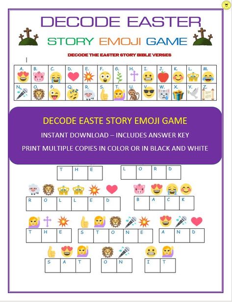 Decode Easter Bible Story Messages ✿ABOUT THIS GAME ✿ This  set contains 12 unique coded  messages, which when put together, tells us the Biblical story of Easter Sunday found in Matthew 28:1-10.   If you have more than 12 players, print additional copies.  Players must decode their coded emoji message with the help of the decoder  that is present at the top of the page. ✿ INCLUDED IN THE DOWNLOAD ✿ 1. Decode Easter Bible Story Messages (12 unique messages)= 12 pages printable file (PDF file) 2. Easter Emoji Game, Emoji Messages, Emoji Game, Bible Quiz, Emoji Games, Coded Message, Easter Games, Emoji Love, Matthew 28