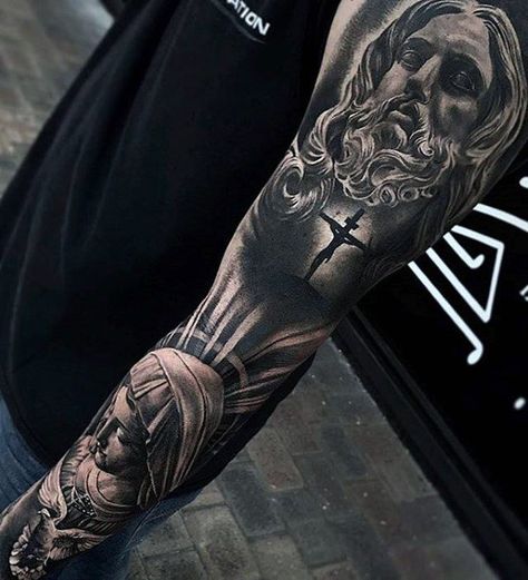 Full Arm Sleeve Religious Themed Guys 3d Jesus Tattoo Designs Jesus Tattoo On Arm, Jesus Tattoo Sleeve, Religious Tattoo Sleeves, Christus Tattoo, Jesus Christ Tattoo, Tattoo Jesus, Full Arm Sleeve, Jesus Tattoo Design, Tato Salib