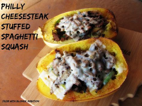 With Blonde Ambition: Philly Cheese Steak Stuffed Spaghetti Squash Recipes With Steak, Squash Meals, Grilled Peppers And Onions, Stuffed Spaghetti Squash, Beef Fajitas, Grilled Peppers, Blonde Ambition, Beef Strips, Cheese Steak