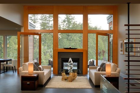 fireplace with windows above Contemporary Window Film, Indoor Outdoor Fireplaces, Contemporary Windows, Double Sided Fireplace, Trendy Living Rooms, Up House, Indoor Fireplace, Design Living Room, Living Room With Fireplace