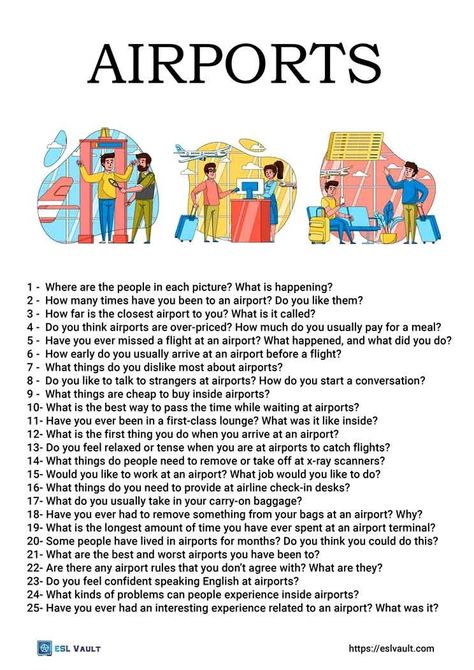 A free printable of airport conversation questions. This PDF worksheet has 3 airport pictures to describe and is great for travel-related English lessons. Pictures To Describe, Travel Questions, Conversation Questions, Travel English, Speaking Practice, English Speaking Practice, Airport Pictures, Flight Attendant Life, Conversation Topics