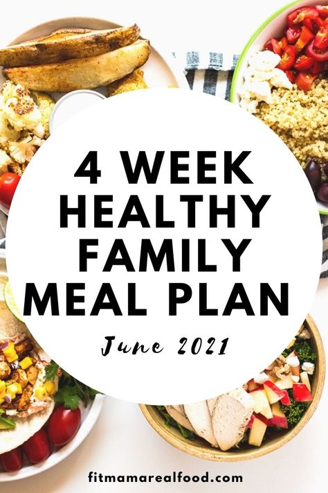 The 4-week healthy family meal plan for June 2021 is here! Within this Fit Mama Meal Plan, you’ll find 4 weeks of smartly planned meals. Each week focuses on just 2 proteins. To save time we cook double the amount of protein for the first meal, then transform it into a totally new meal. The meal plan also includes weekly grocery lists, easy prep instructions, and a total of 24 recipes for the entire month! Weekly Meal Plan Family, Healthy Family Meal, Family Meal Planning Healthy, Planned Meals, Family Meal Plan, Monthly Meal Planning, Family Meal Planning, Fit Mama, Healthy Family Meals