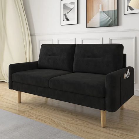 Corrigan Studio® Deyra Velvet Small Loveseat Sofa Couch for Living Room, Tool-Free Assembly & Reviews | Wayfair Small Black Couch Bedroom, Comfortable Sofas, Small Loveseat, Mini Couch, Black Couches, Couch For Living Room, Modern Loveseat, Black Sofa, Small Sofa