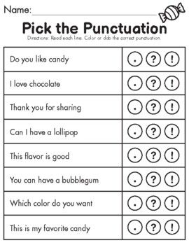 Pick The Punctuation | Worksheet Bundle | Grades K-1 | No Prep | TpT Punctuation Practice, Teaching Punctuation, Third Grade Worksheets, College English, Alphabet Handwriting Practice, Punctuation Worksheets, Kids Handwriting Practice, Creative Worksheets, Question Marks