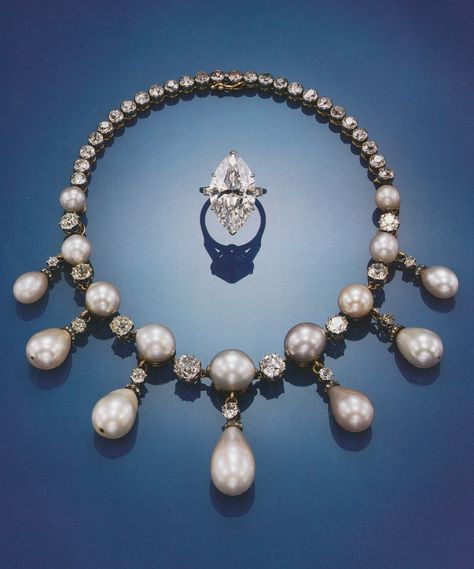 An important natural pearl and diamond necklace, last quarter 19th century. The front designed as a line of 9 button pearls graduating in size, joined by old-mine diamonds and supporting a fringe of 7 pear-shaped pearl drops, topped by rose-diamond rondelles and old-mine diamonds, the necklace sides formed of collet-set diamonds, mounted in gold, platinum and silver. Source: Sotheby's, Magnificent Jewlery, NY, October 1993. Bijoux Art Deco, Gold Pearl Jewelry, Rose Diamond, Solitaire Diamond Pendant, Silver Diamond Necklace, Pearl Jewels, Handmade Gold Jewellery, Pearl And Diamond Necklace, Diamonds Necklace